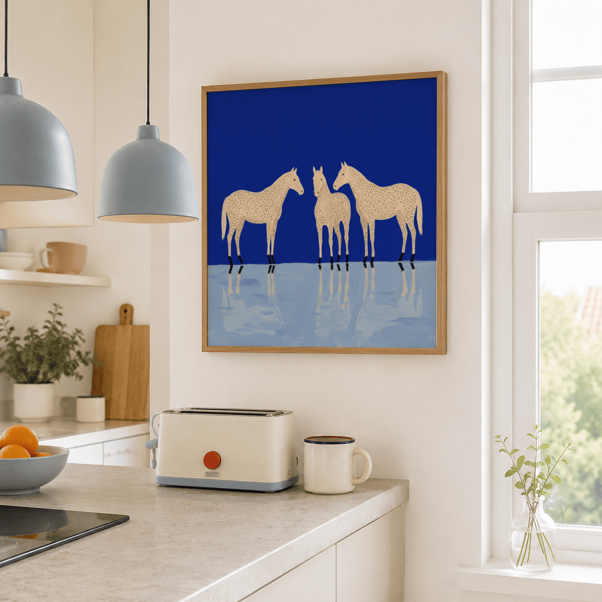 Minimal horse poster print showing three speckled horses on a flat background with reflections
