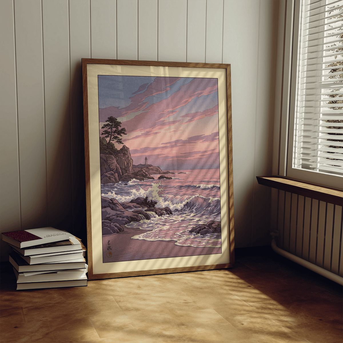 Seascape poster with cliffside beacon, breaking surf, and banded twilight sky