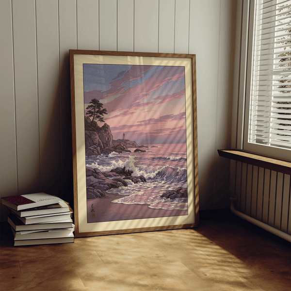 Seascape poster with cliffside beacon, breaking surf, and banded twilight sky