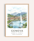Watercolor Geneva lakefront wall art poster with fountain and mountains