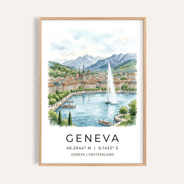 Watercolor Geneva lakefront wall art poster with fountain and mountains