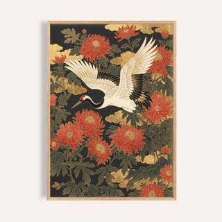 Crane Floral Art Print wall art with Red, Green, and Beige for living room