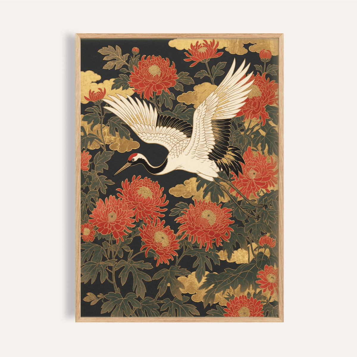 Crane Floral Art Print wall art with Red, Green, and Beige for living room