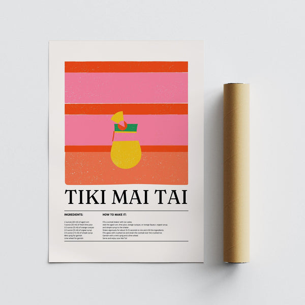Illustrated Mai Tai poster ideal for home bar wall art collections.