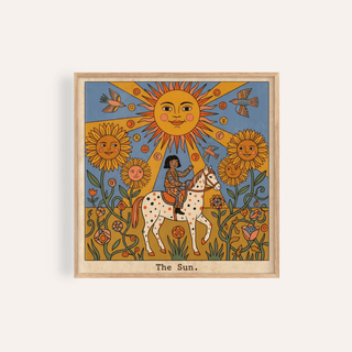Featuring The Sun Tarot Card Art poster with smiling sun, child on spotted horse, and sunflowers