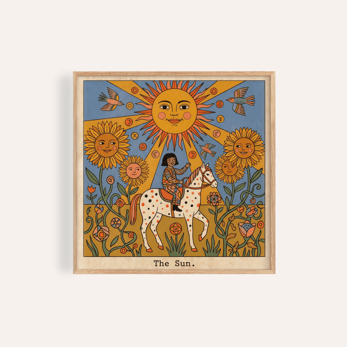 Featuring The Sun Tarot Card Art poster with smiling sun, child on spotted horse, and sunflowers