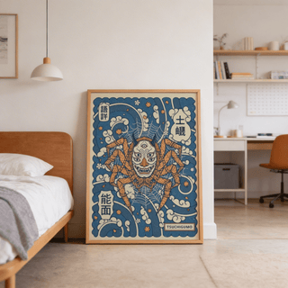 Graphic yokai poster print with central motif, webbing, and decorative wave shapes