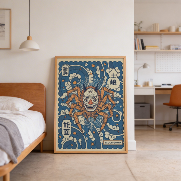 Graphic yokai poster print with central motif, webbing, and decorative wave shapes