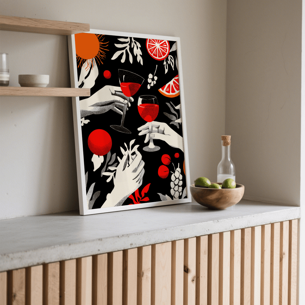 Stylized cocktail poster of hands lifting wine glasses with fruit slices and foliage