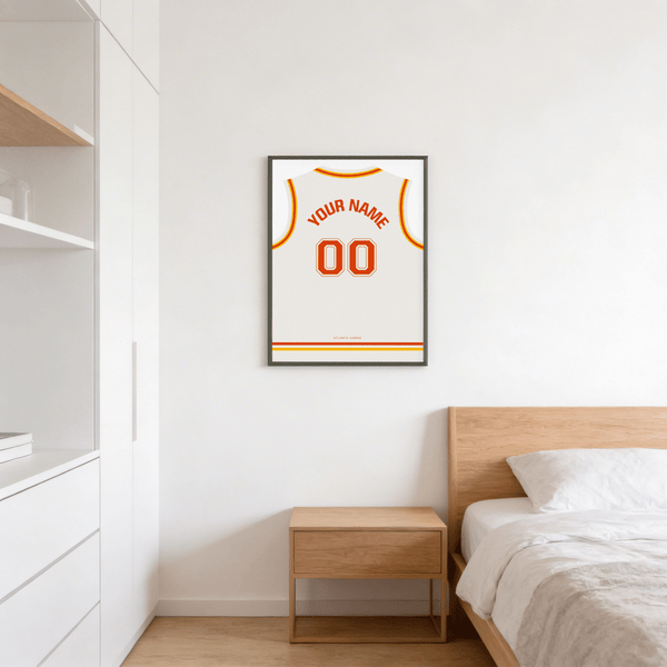 Framed Atlanta Hawks Basketball Jersey Poster displayed above desk
