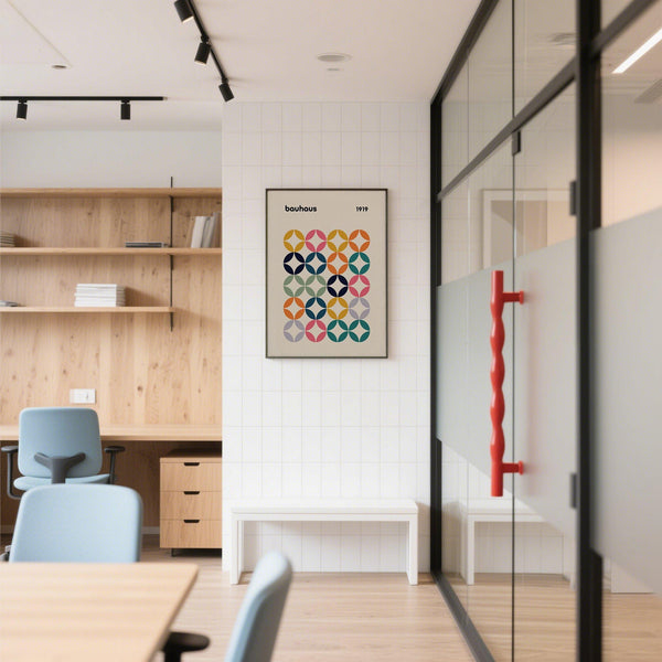 Mid-century inspired colorful wall art office poster with rhythmic circle layout.