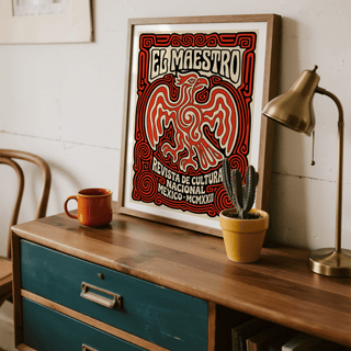 Showcasing a Cultural Mexican Poster with stylized eagle and spiral border print