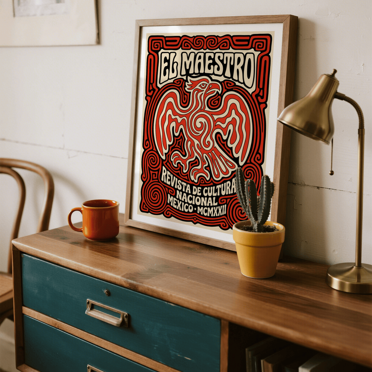 Showcasing a Cultural Mexican Poster with stylized eagle and spiral border print