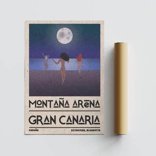 Purple blue beige art poster of three figures facing the Atlantic at dusk