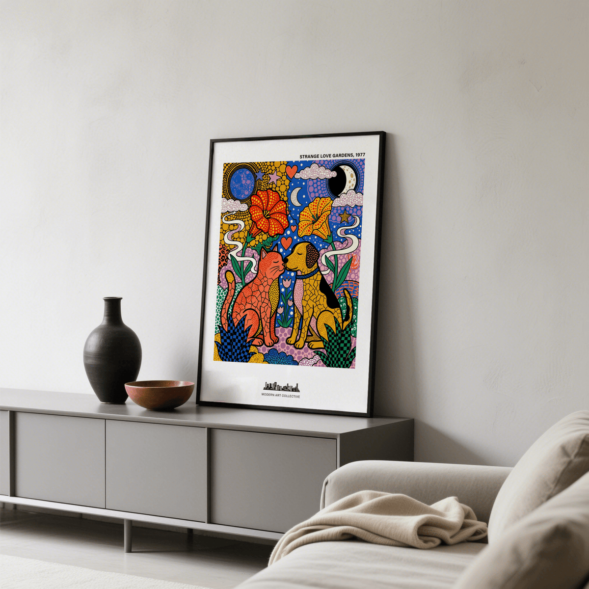 Top section of Colorful Animal Art Print featuring moon, stars, clouds, and heart motifs in a pop-art layout
