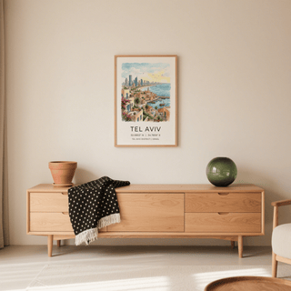 Tel Aviv Art Print travel poster with seaside harbor scene and modern skyline illustration
