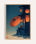 Lantern-lit rainy street poster with paper umbrella and wooden facade