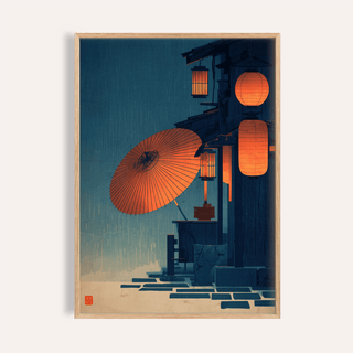 Lantern-lit rainy street poster with paper umbrella and wooden facade