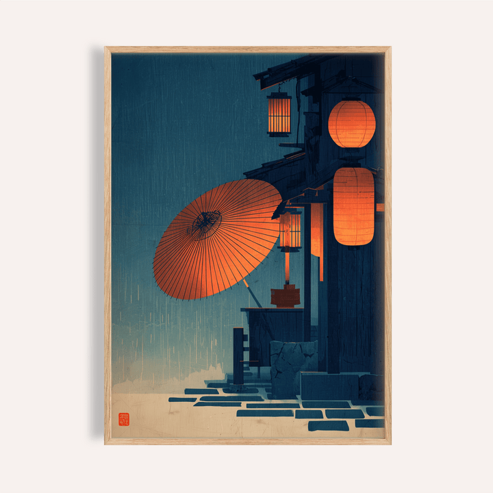Lantern-lit rainy street poster with paper umbrella and wooden facade
