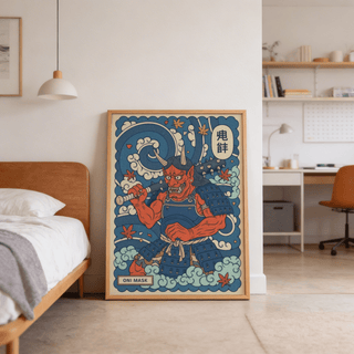 Vintage-style Japanese Oni Mask Print featuring horned oni figure and spiked club in bold outline