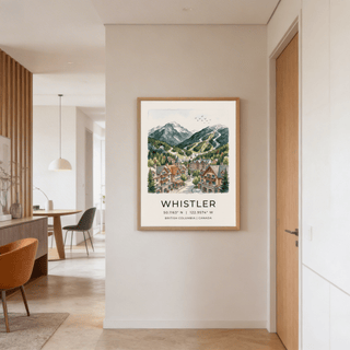 Lower village scene print with clustered buildings, balconies, and street-level arches in a travel poster style