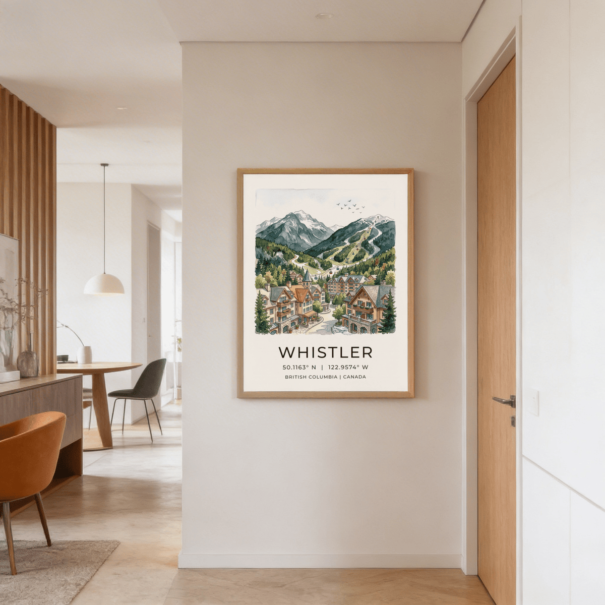 Lower village scene print with clustered buildings, balconies, and street-level arches in a travel poster style