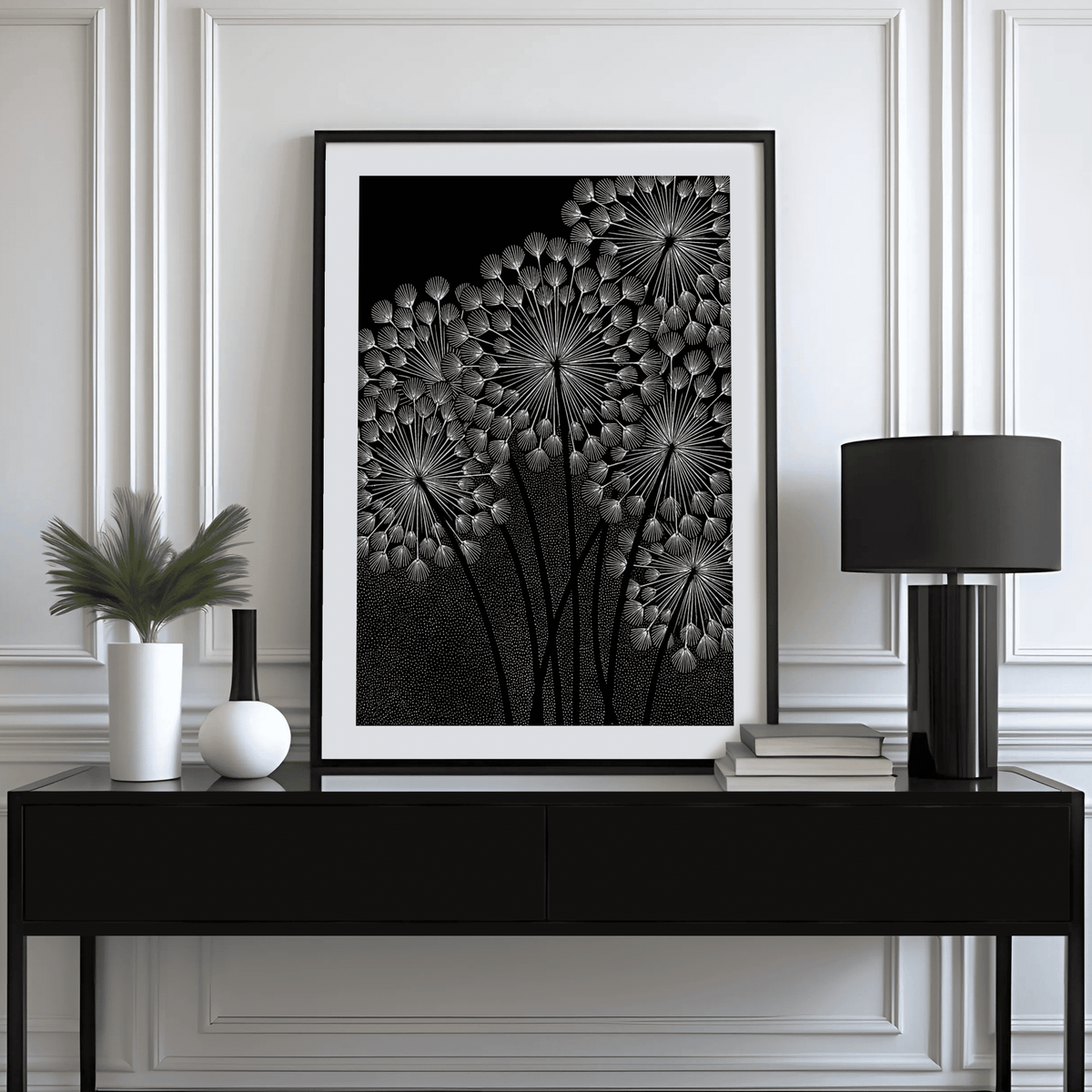 Chic Black and White Dandelions Wall Art for entryway art print