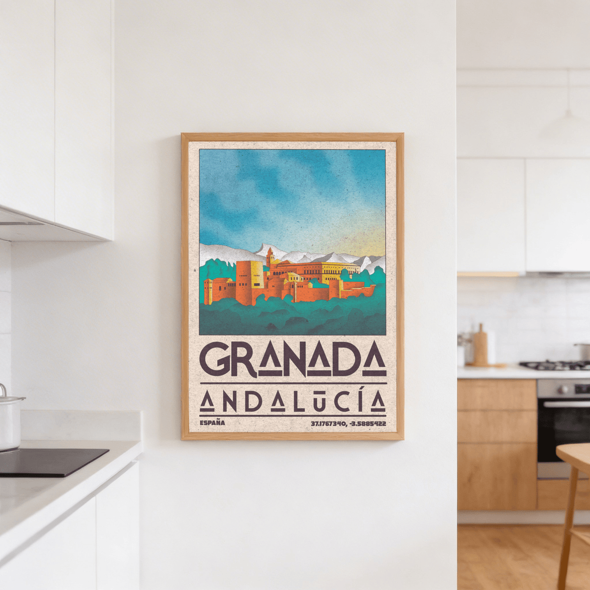 Lower section showing ESPAÑA text and coordinates on Granada wall art poster print
