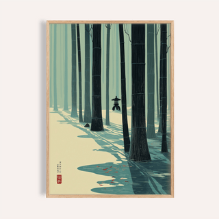 Framed Japanese Bamboo Wall Art with minimalist green and cream bamboo forest and shadows