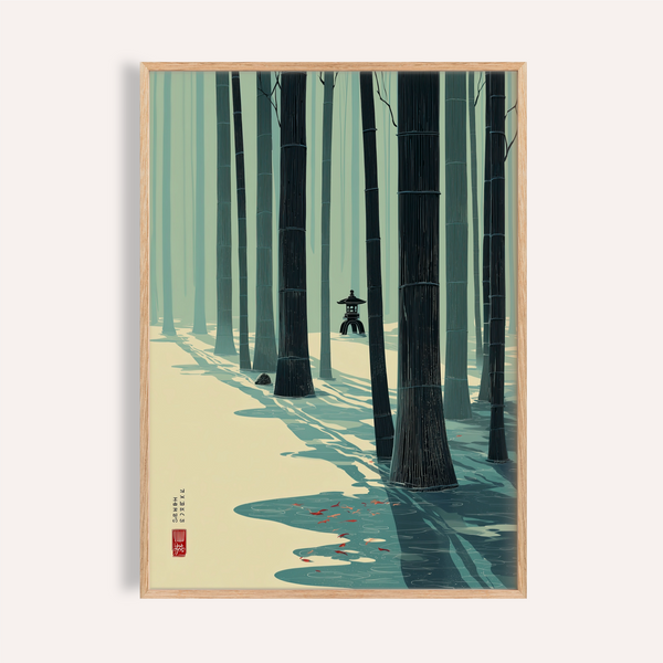 Bamboo grove poster print with stone lantern and long shadows