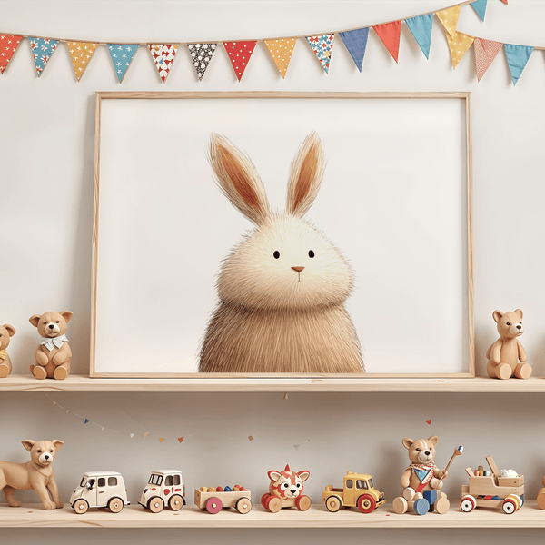 Cute Rabbit Wall Art for playroom in White and Beige, playful animal art poster