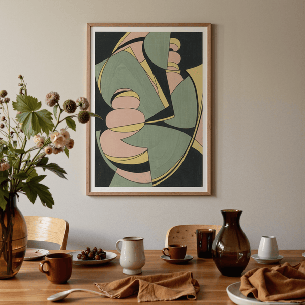Abstract Geometric Art Print with Beige and Green tones for bedroom wall art