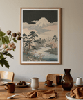 Japanese Art Mountains print displaying Green, Black, Beige, Yellow, in tranquil bedroom setting