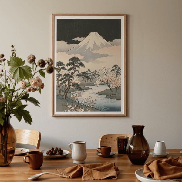 Japanese Art Mountains print displaying Green, Black, Beige, Yellow, in tranquil bedroom setting