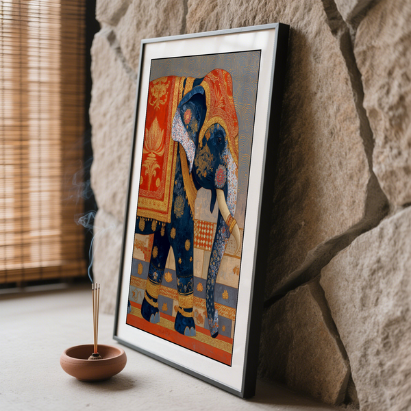 Decorative elephant poster print with repeating swirl backdrop and tusks