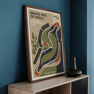 Illustrated circuit wall art poster with a winding track outline, labeled turns, and a small race car icon