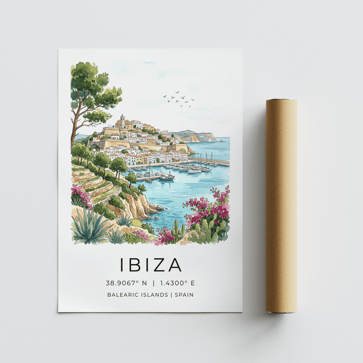 Watercolor Mediterranean village poster with church tower overlooking the bay