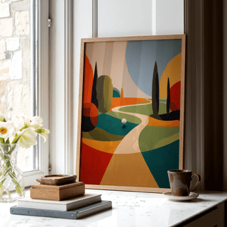Stylized golf wall art with tall cypress-like trees and layered hills