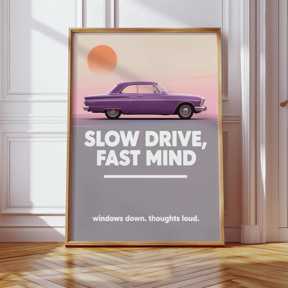 Purple vintage vehicle parked in soft sunset glow, perfect Vintage Car Wall Art.