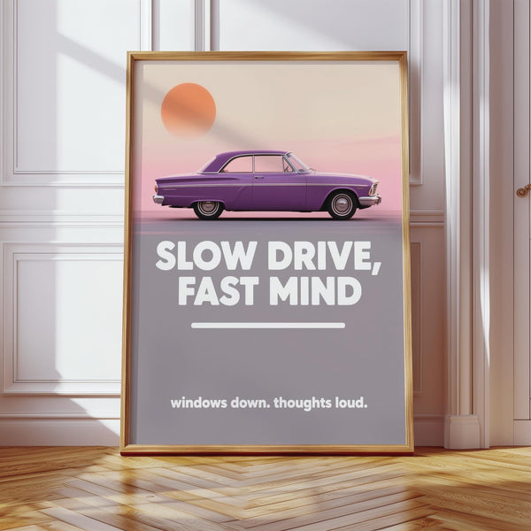 Purple vintage vehicle parked in soft sunset glow, perfect Vintage Car Wall Art.