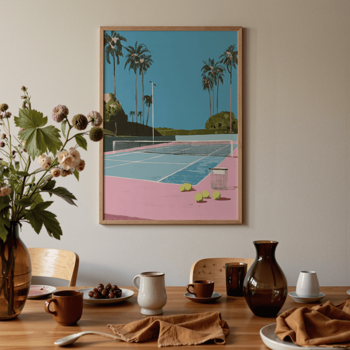 Poster detail of palm trees behind a tennis court net in a graphic illustration style