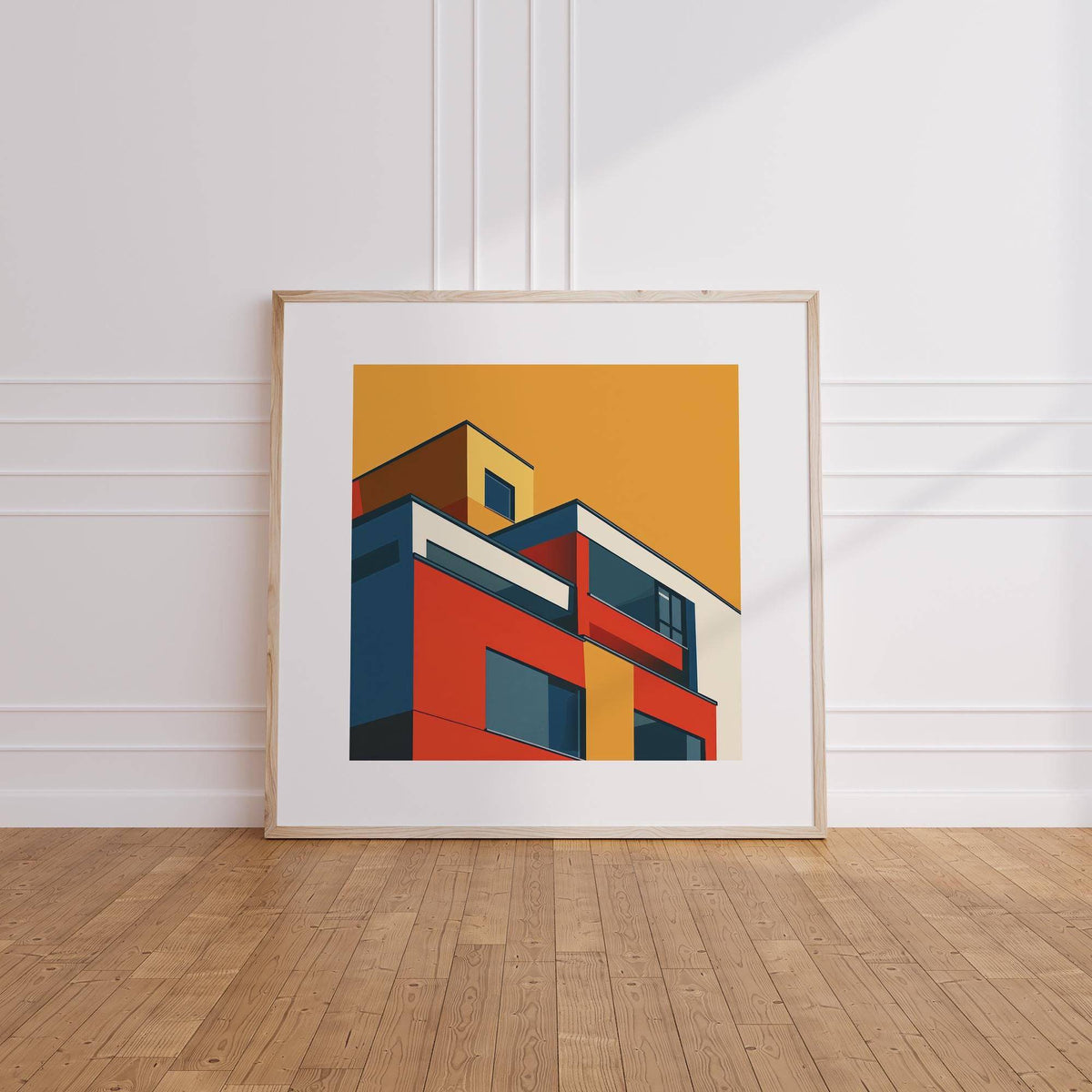 Colour-blocked art for the office in deep blue and red
