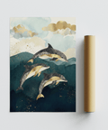Elegant Dolphins Poster featuring blue, gold, ideal for office