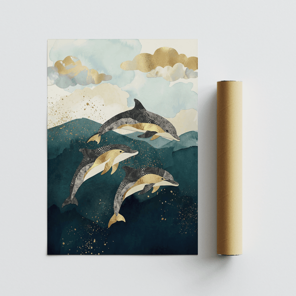 Elegant Dolphins Poster featuring blue, gold, ideal for office