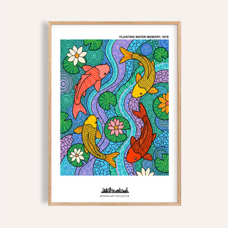 Floating water memory koi fish wall art poster with three koi, lily pads, and lotus flowers