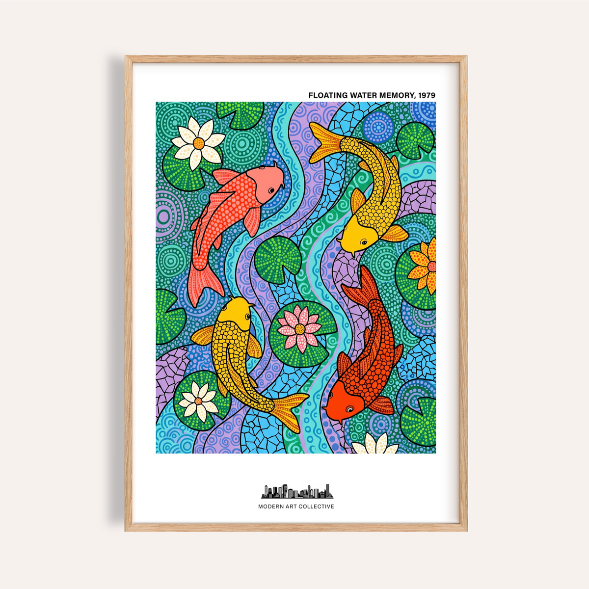 Floating water memory koi fish wall art poster with three koi, lily pads, and lotus flowers