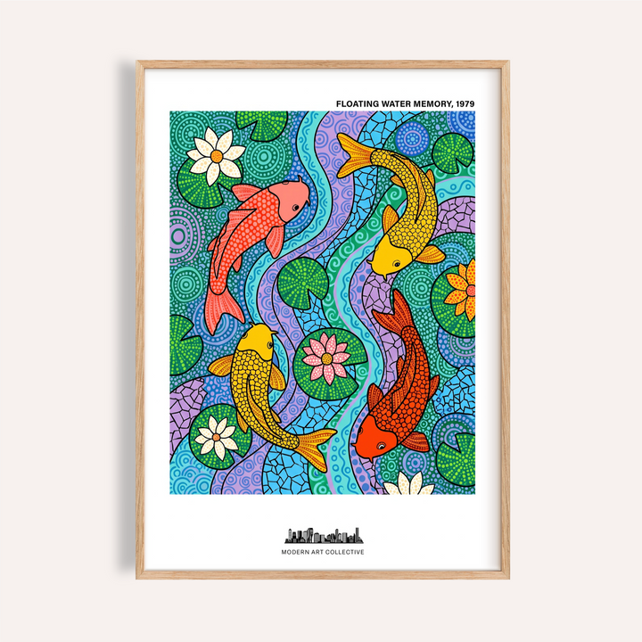 Floating water memory koi fish wall art poster with three koi, lily pads, and lotus flowers