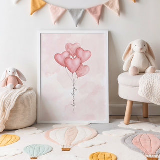 Soft wash background wall poster featuring heart balloons and delicate linework