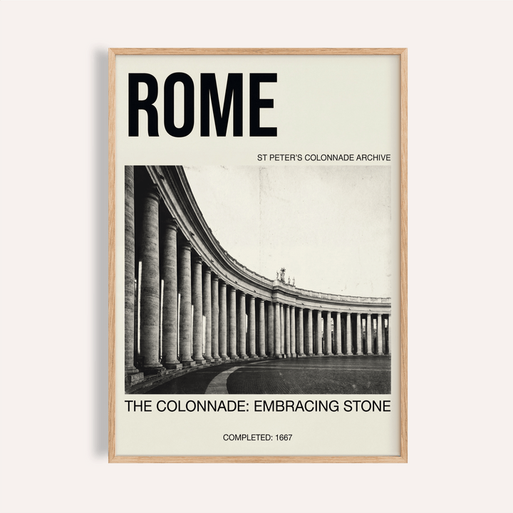 Rome colonnade architecture poster print with bold ROME title and curved columns perspective