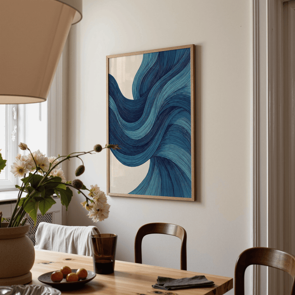 Abstract Wave Art wall art with Blue waves and Beige setting for study